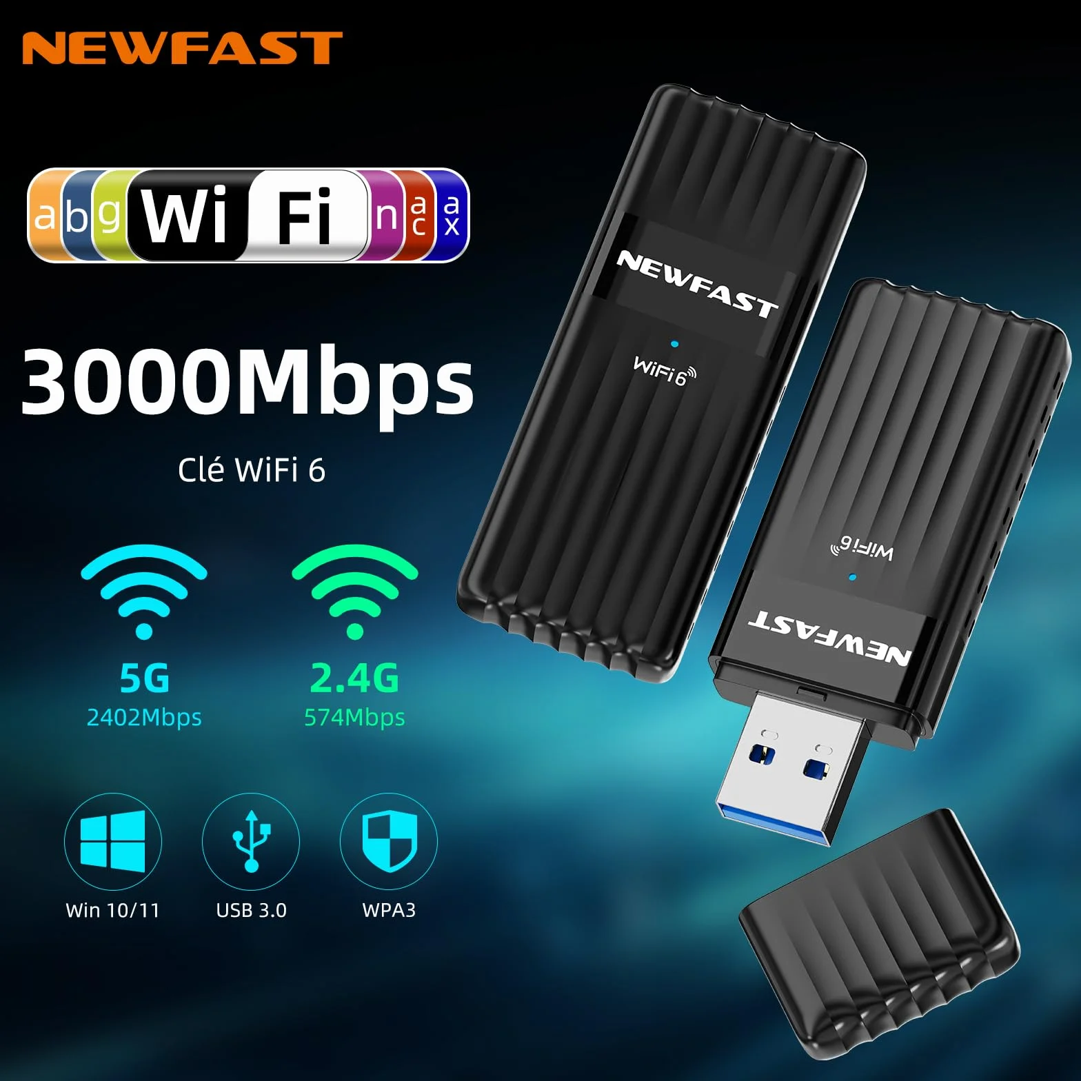 NEWFAST Clé WiFi 6 AX3000 Adaptateur USB 3.0 Double Bande MU-MIMO WPA3 OFDMA 5GHz Dongle WiFi pour PC Windows 11/10
