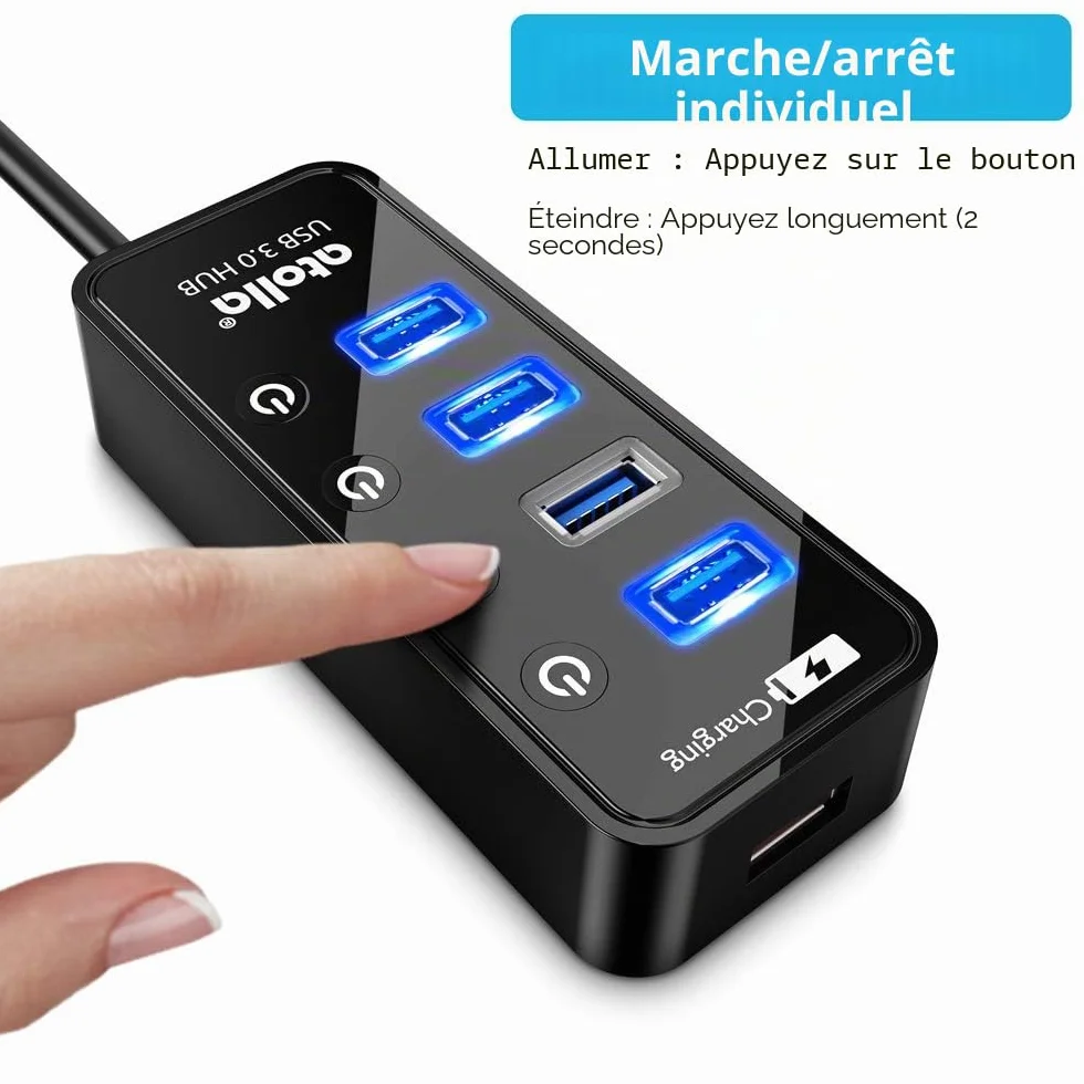 Atolla Hub USB 3.0 4 Ports avec commutateurs Marche/arrêt et Adaptateur d'alimentation