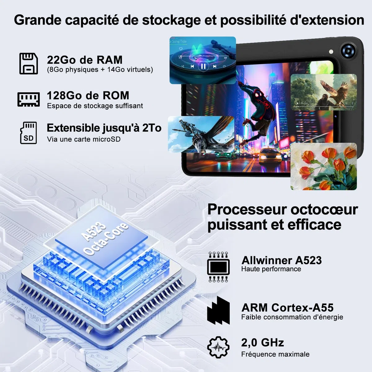 Tablette 10 Pouces Android 15 avec Gemini AI, 22Go RAM+ 128Go ROM(Extension de 2To), Octa-Core, WiFi 6, BT 5.0, Widevine L1, 6000 mAh, Corps métallique, Tablette Tactile avec Clavier et Souris, Gris