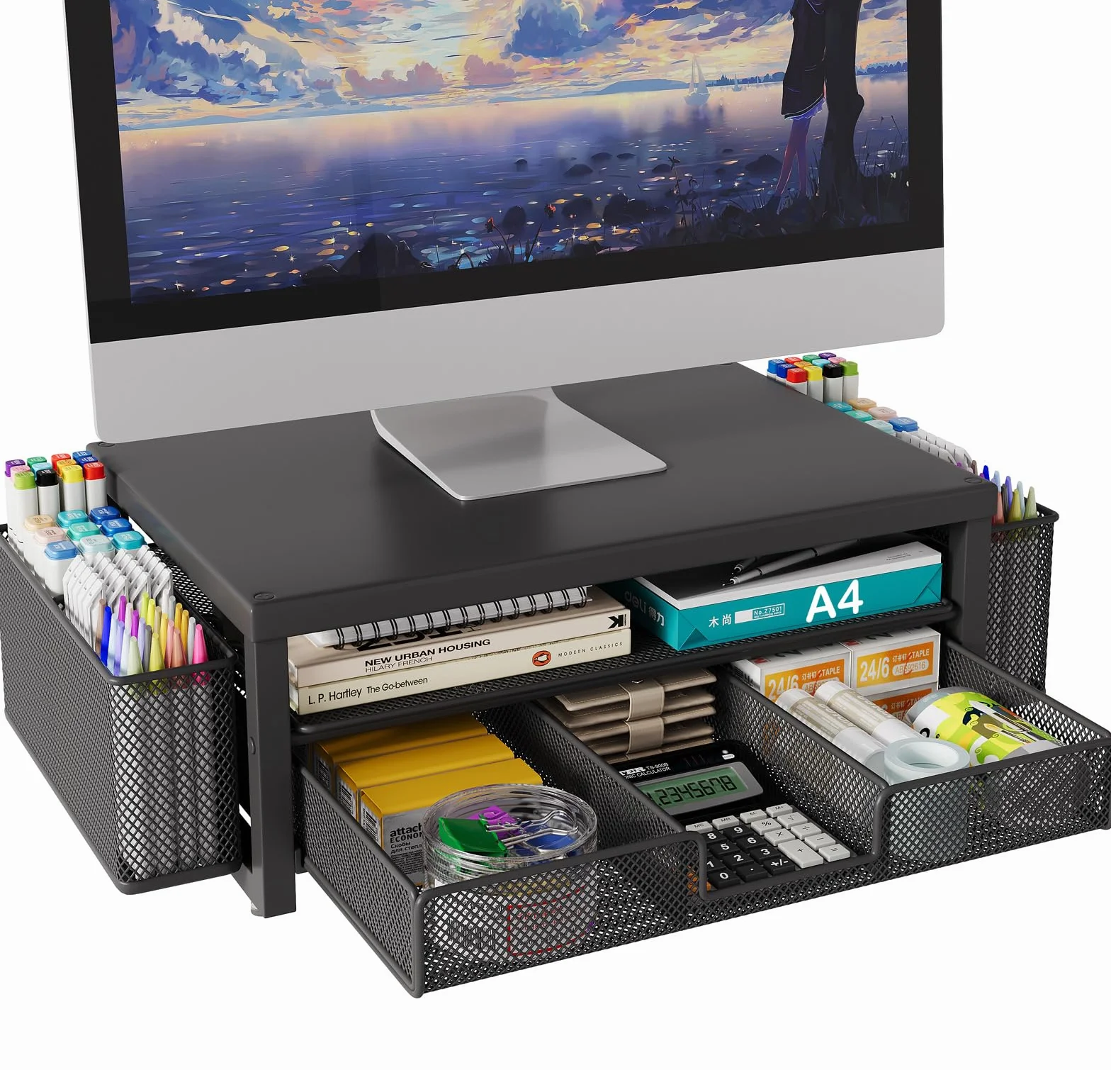 Support Moniteur Bureau avec Tiroir, Métal Rehausseur Écran PC, Organisateur Bureau Noir