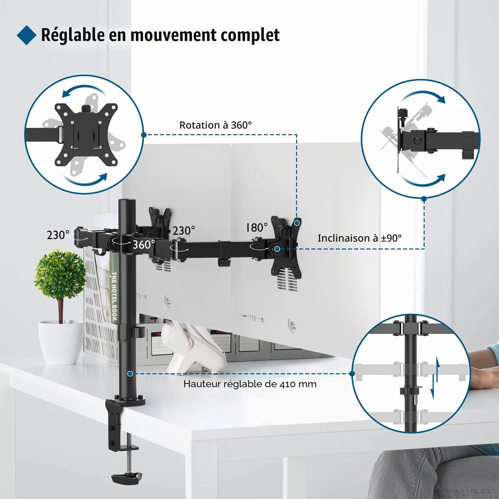 BONTEC Support Ecran PC 2 Ecran pour Moniteurs 13-32 Pouces, Bras Réglable en Hauteur, Rotatif, Pivotant, Inclinable, Charge 10kg par Bras, VESA 75/100