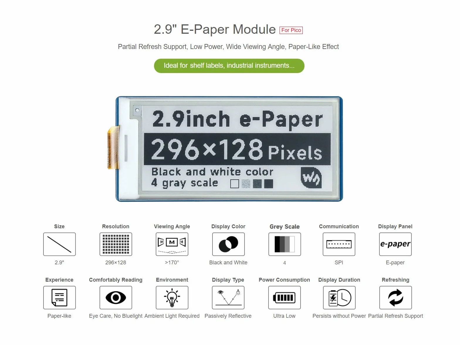 Waveshare 2.9inch E-Paper E-Ink Display Module 296x128 Pixels SPI Interface for Raspberry Pi Pico