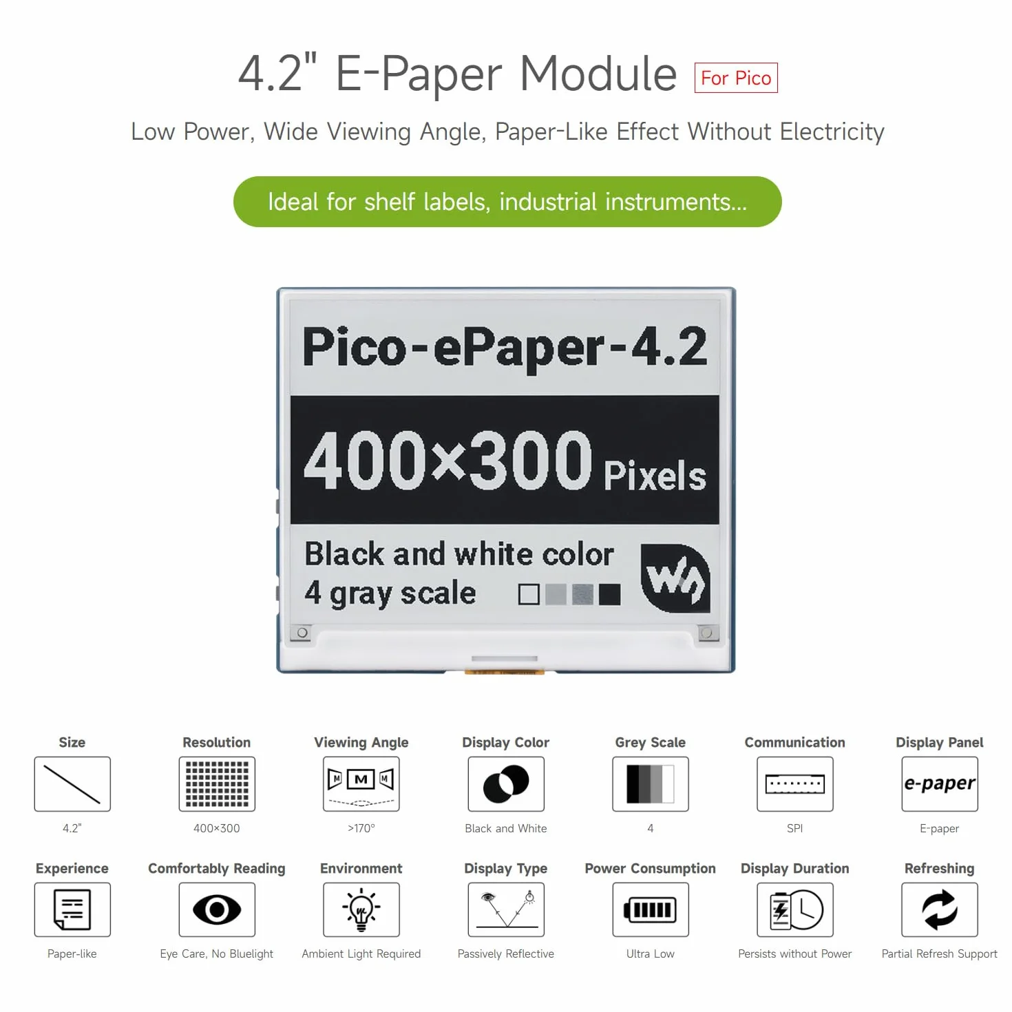 Waveshare 4.2inch E-Paper Display Module 400x300 Pixels Black/White SPI Interface for Raspberry Pi Pico