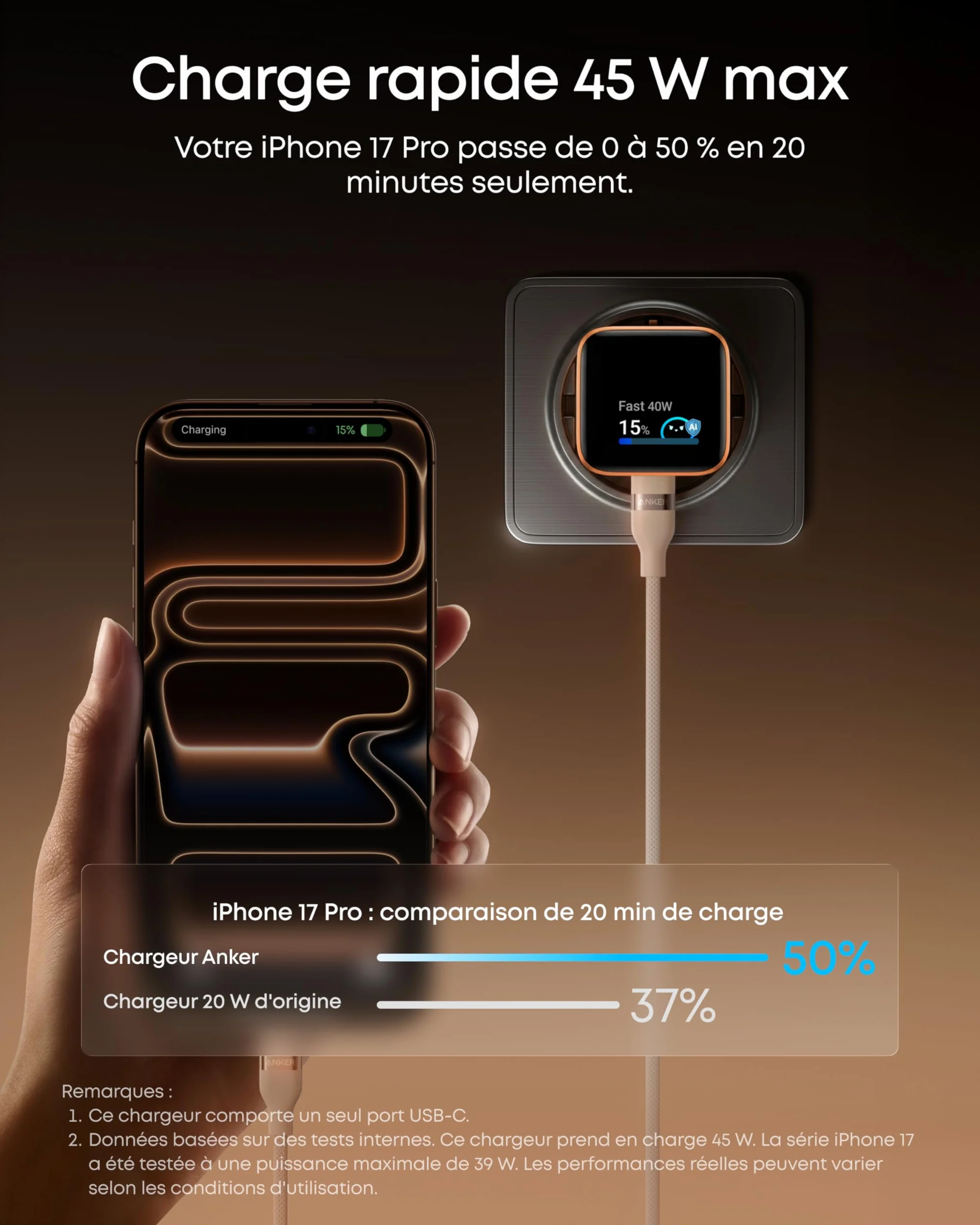 Anker Chargeur USB C 45W Nano avec Écran Intelligent, Recharge Rapide pour iPhone 17/16/15, iPad, MacBook