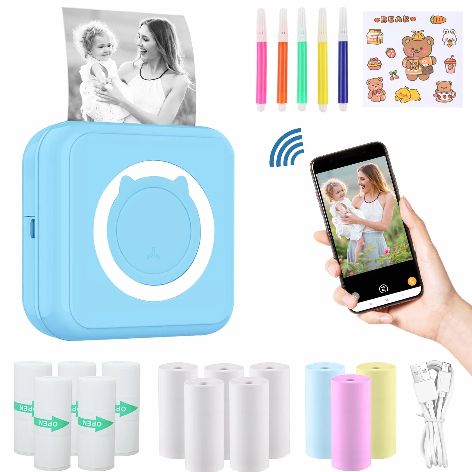 Mini Imprimante Thermique Portable pour Android iOS, Imprimante Photo sans Encre Bleu