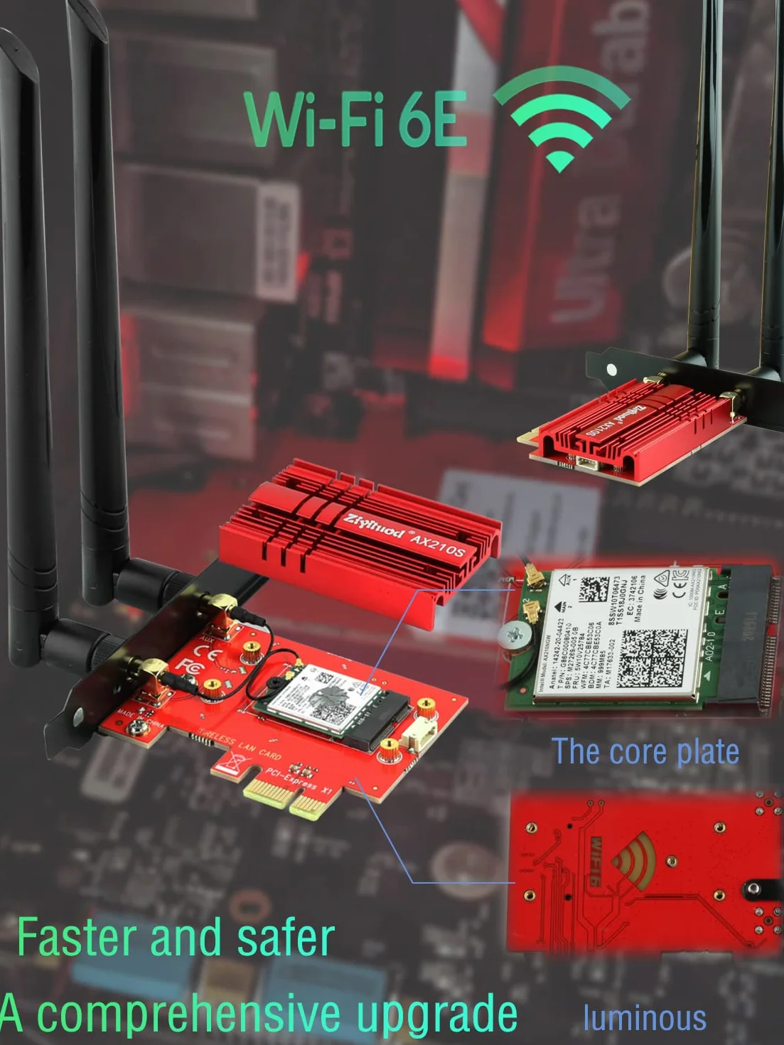 Intel WiFi 6E AX210 Carte WiFi 5400Mbps PCIe Bluetooth 5.3 Tri-Bandes 6GHz/5GHz/2.4GHz pour PC Win 11/10