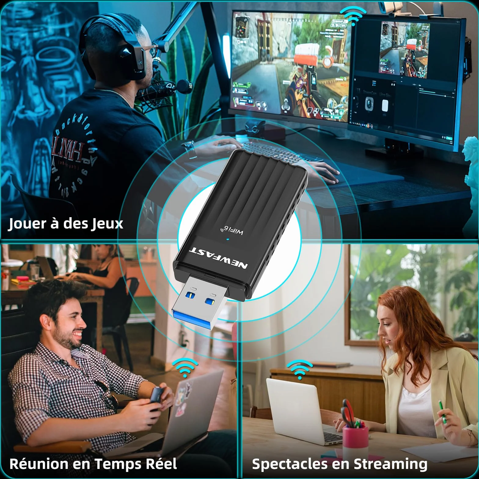 NEWFAST Clé WiFi 6 AX3000 Adaptateur USB 3.0 Double Bande MU-MIMO WPA3 OFDMA 5GHz Dongle WiFi pour PC Windows 11/10