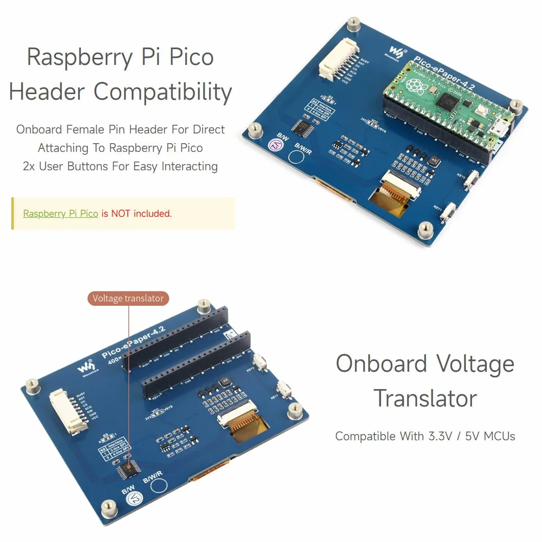 Waveshare 4.2inch E-Paper Display Module 400x300 Pixels Black/White SPI Interface for Raspberry Pi Pico
