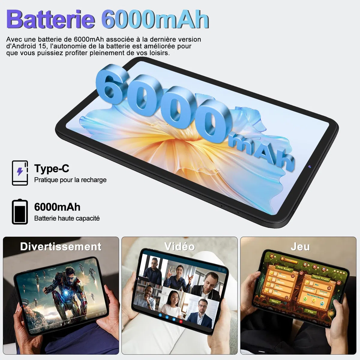 Tablette 10 Pouces Android 15 avec Gemini AI, 22Go RAM+ 128Go ROM(Extension de 2To), Octa-Core, WiFi 6, BT 5.0, Widevine L1, 6000 mAh, Corps métallique, Tablette Tactile avec Clavier et Souris, Gris