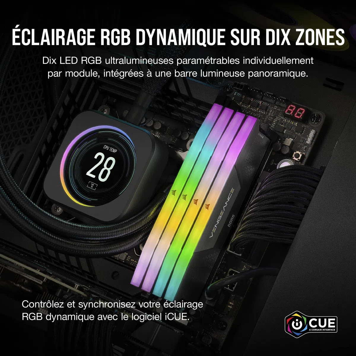 CORSAIR Vengeance RGB DDR5 RAM 32Go (2x16Go) Jusqu'à 6000MHz CL36 Intel XMP 3.0 Mémoire pour Ordinateur de Bureau - Noir (CMH32GX5M2E6000C36)