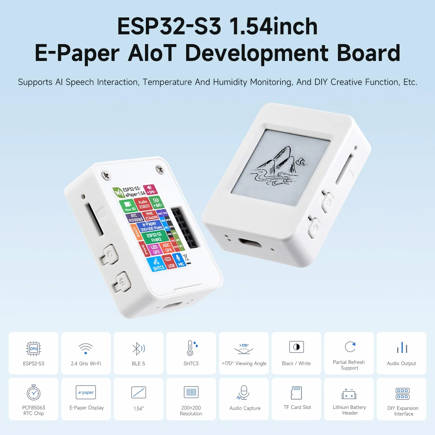 Waveshare ESP32-S3 1.54inch E-Paper AIoT Development Board 200x200 Black/White Wi-Fi BLE