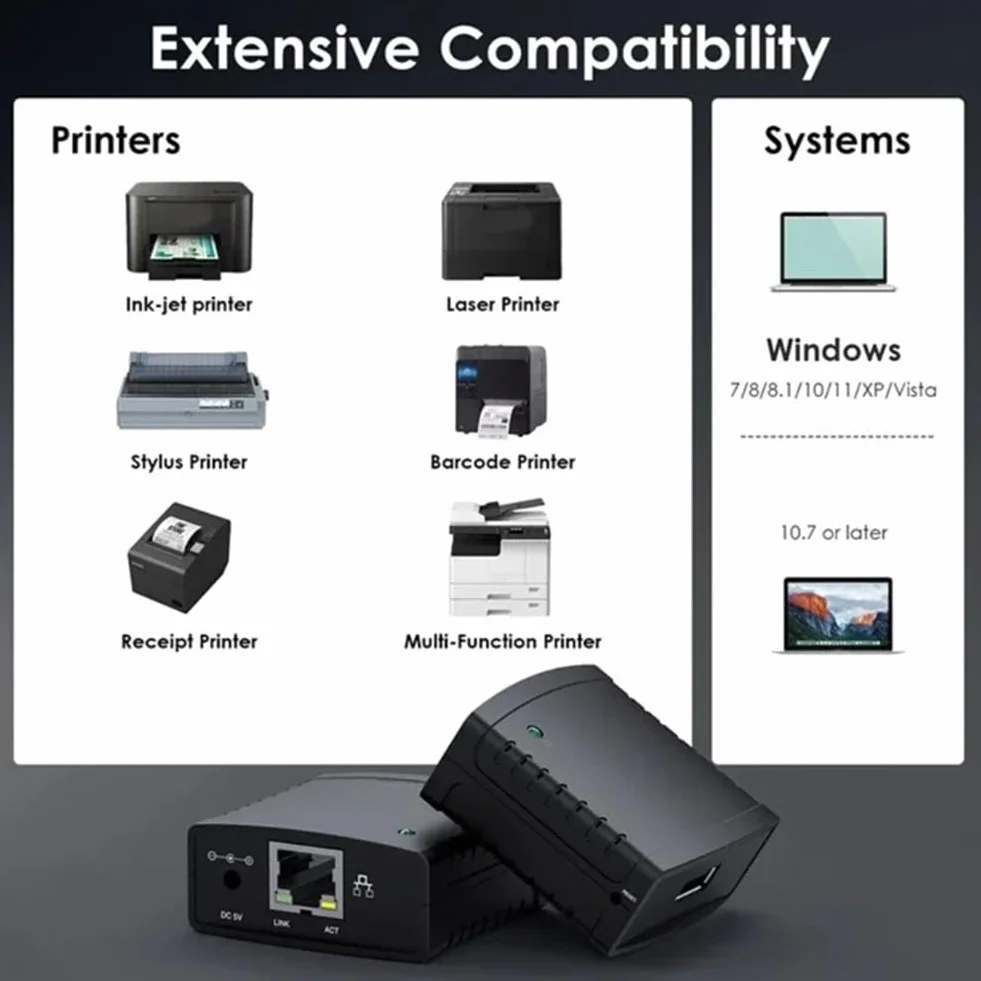 Serveur d'impression USB 2.0 100 Mbps LAN Ethernet Adaptateur Secteur Prise UE