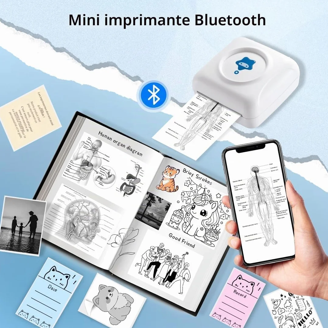 vretti Mini Imprimante Thermique TP2-Y Bluetooth Imprimante Photo Compatible Android iOS