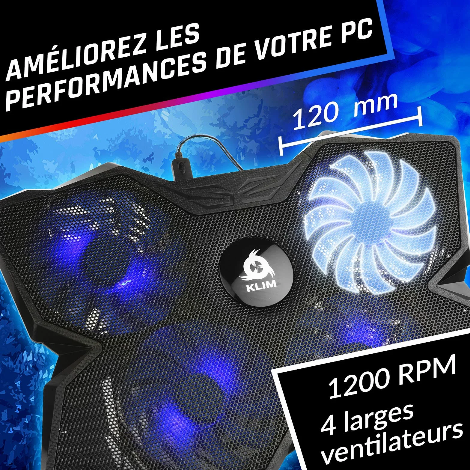 KLIM Wind Refroidisseur Ordinateur Portable 4 Ventilateurs Silencieux Bleu
