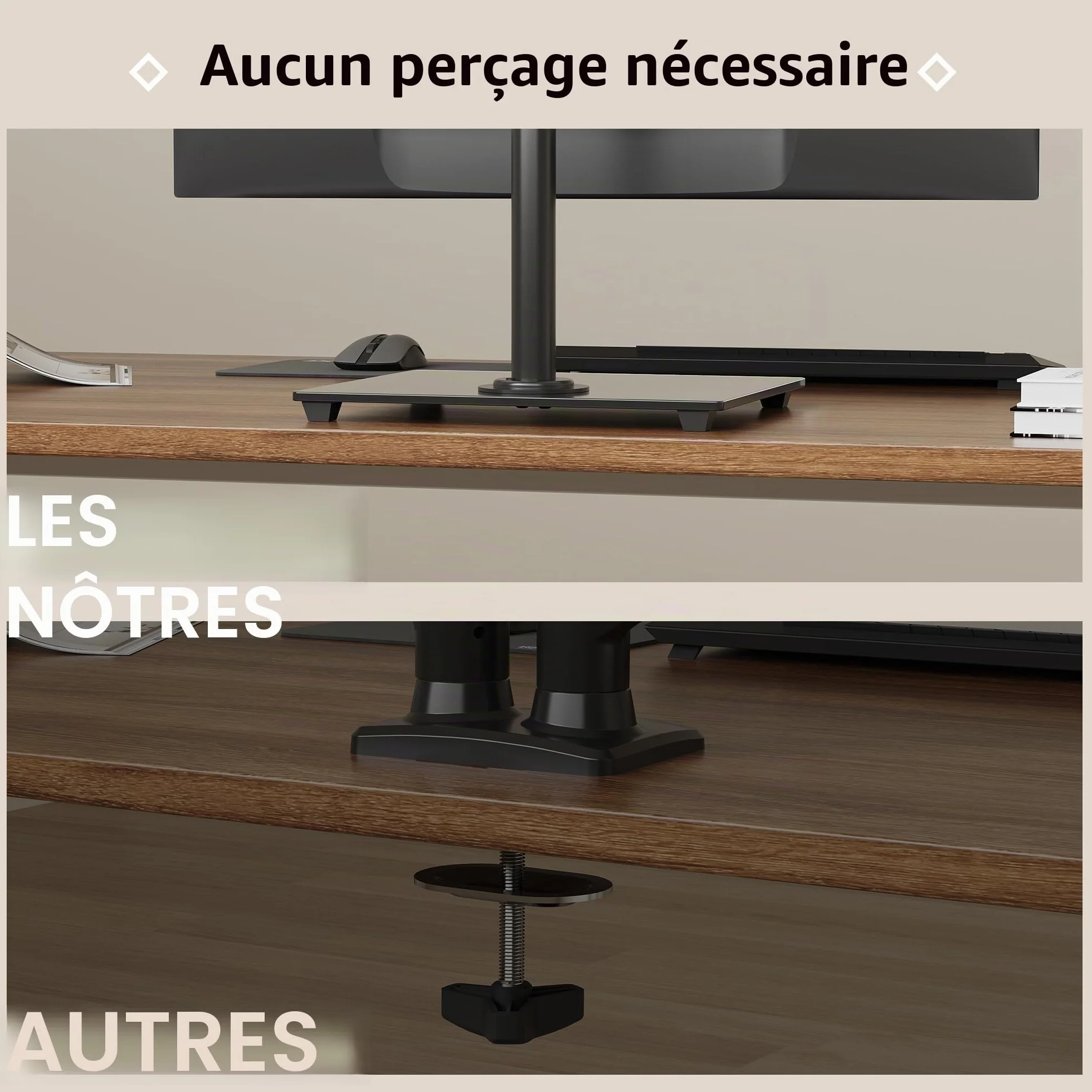 BONTEC Support Écran 13-32 Pouces, Bras Réglable Moniteur Plat/Incurvé, Socle Verre Trempé, Inclinaison ±75°, Pivotement ±80°, Rotation 360°, Max 10kg, VESA 75/100mm