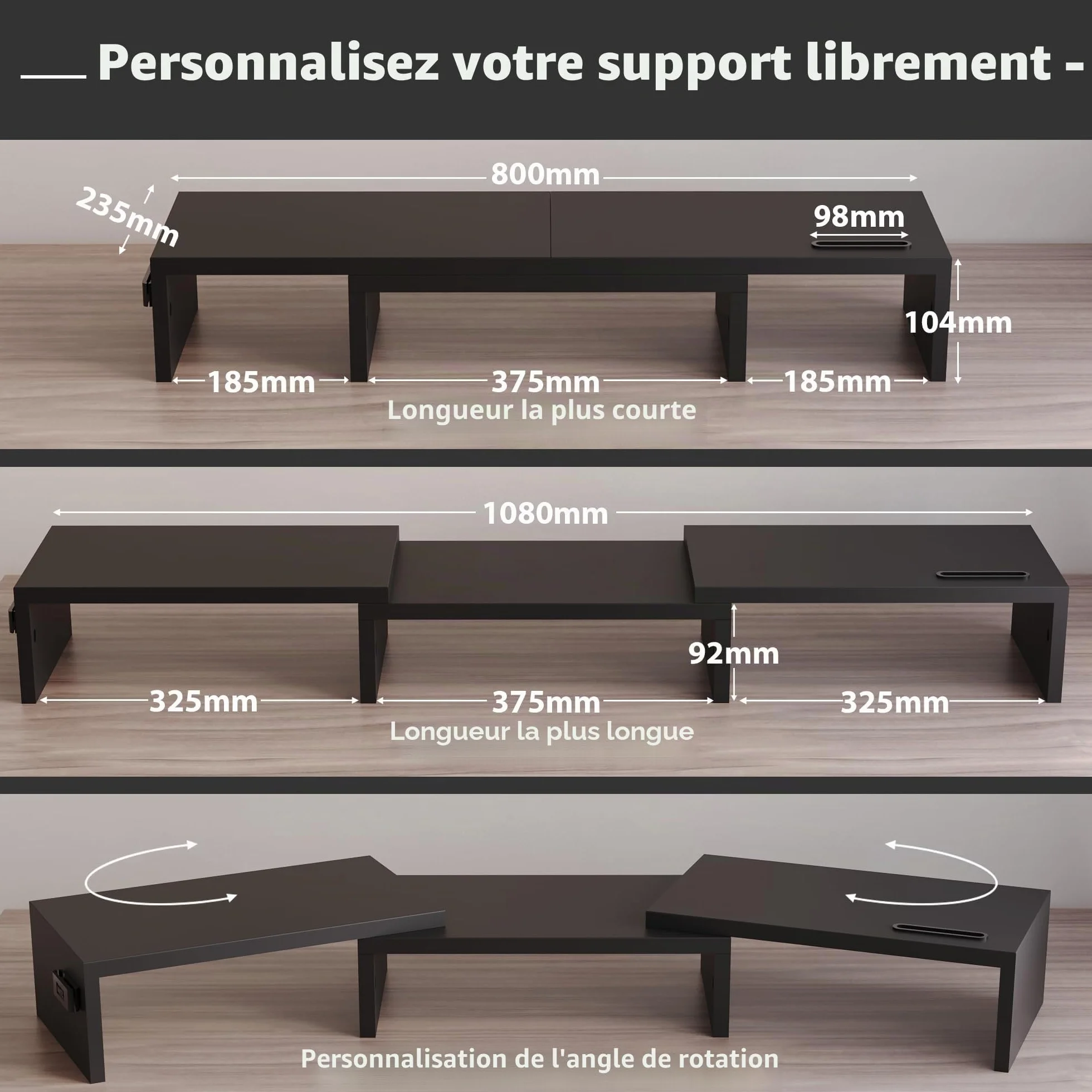 BONTEC Support Moniteur Double Réglable en Bois Noir