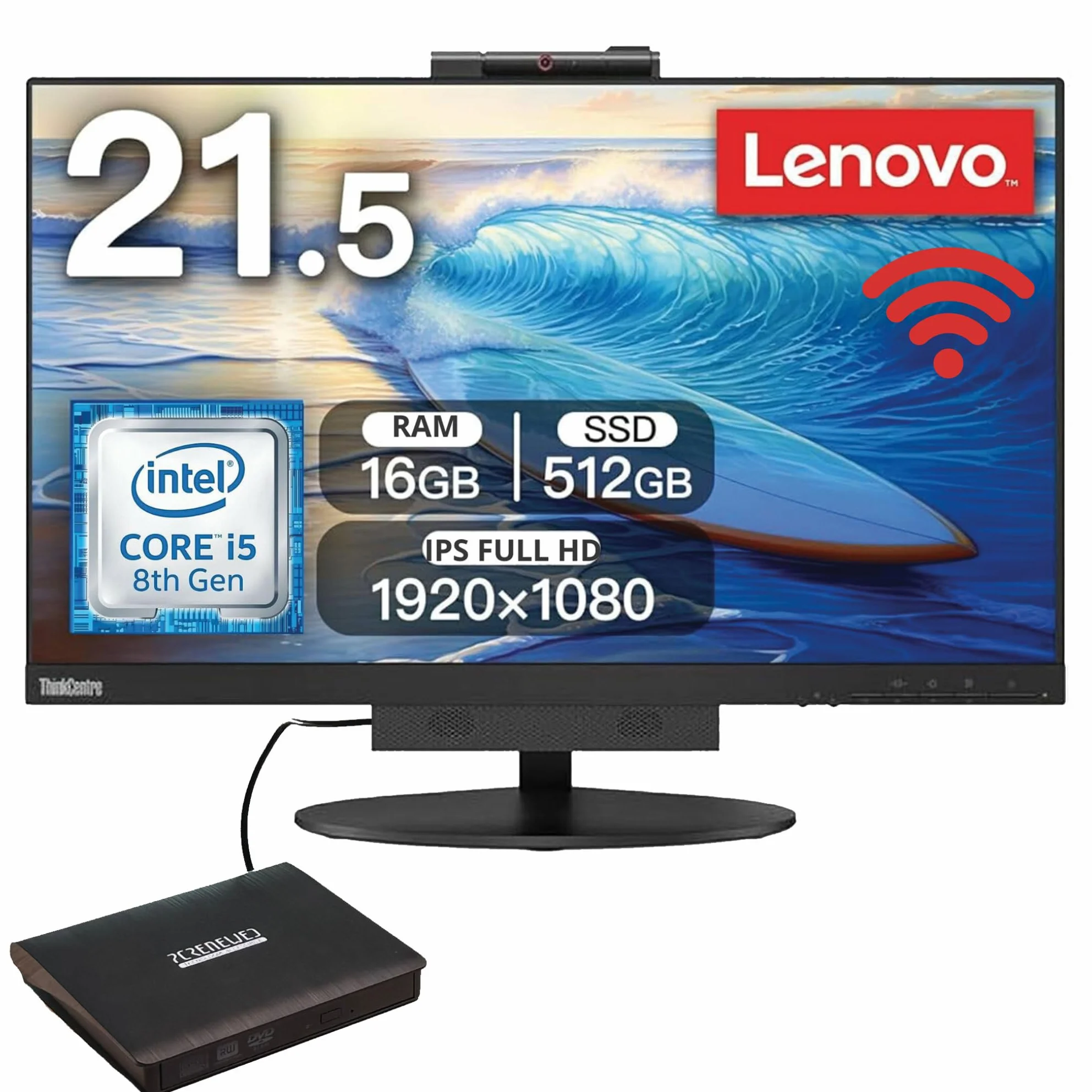 Lenovo TIO 22 PC tout-en-un Intel i5 8400T, 16 Go de RAM, SSD 512 Go, Office 2021, Wi-Fi et Bluetooth, DVD RW inclus (reconditionné)