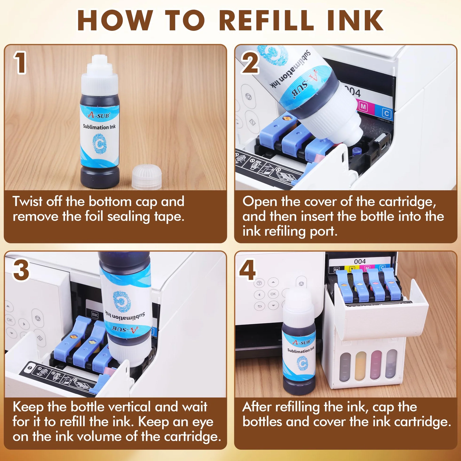 A-SUB 420 ML Recharge d'encre de Sublimation pour Epson EcoTank ET1800 ET2700 ET2800 ET3700 ET3800 ET4700 ET4800 ET5800 ET14100 ET16100 ET16600