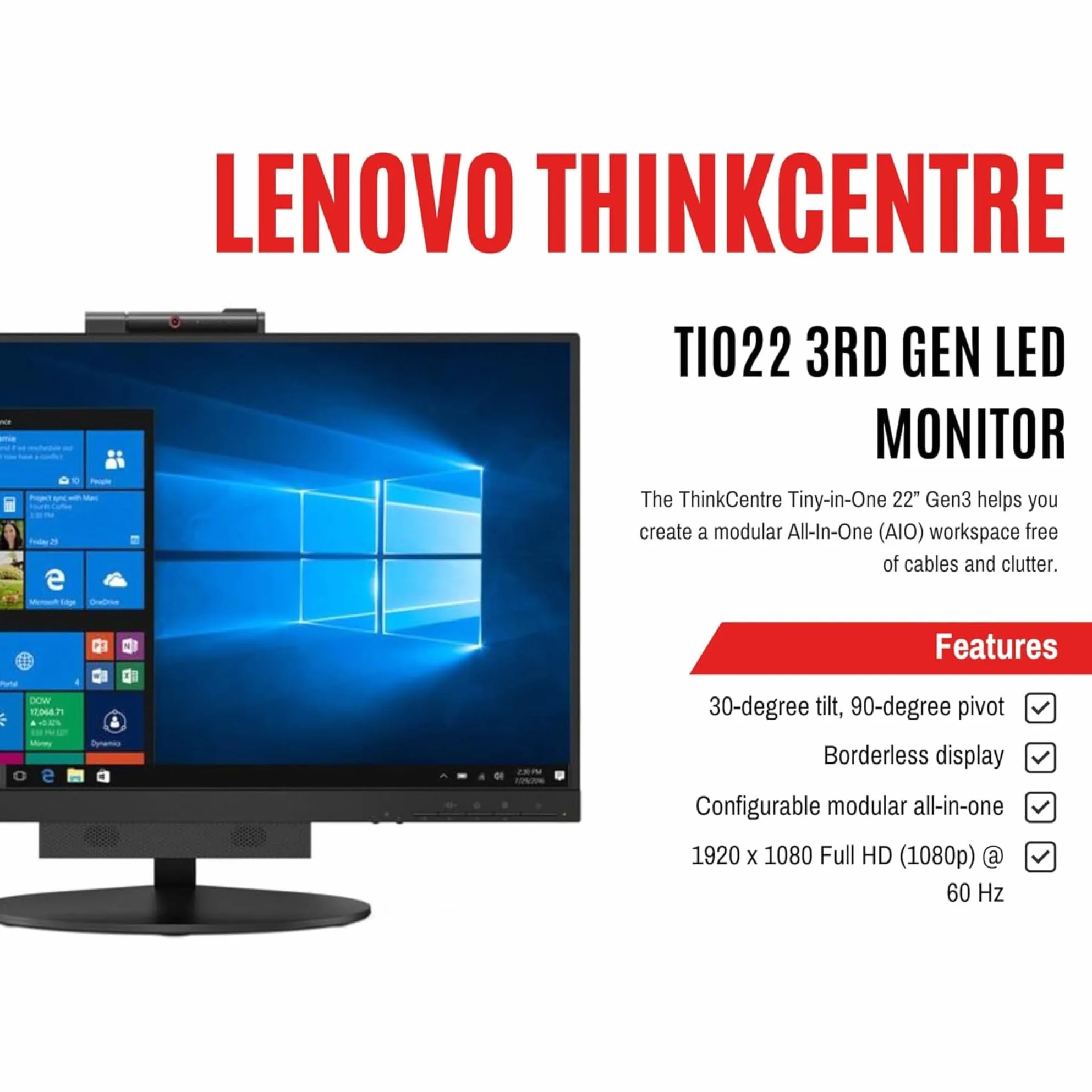 Lenovo TIO 22 PC tout-en-un Intel i5 8400T, 16 Go de RAM, SSD 512 Go, Office 2021, Wi-Fi et Bluetooth, DVD RW inclus (reconditionné)