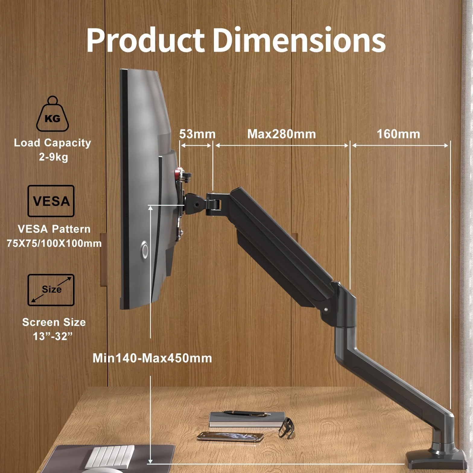 Suptek Bras de Moniteur à Ressort à Gaz pour Écran PC LCD LED 13-32 Pouces, VESA 75/100 mm, Inclinable ±90°, Rotation 360°, Capacité 2-9 kg