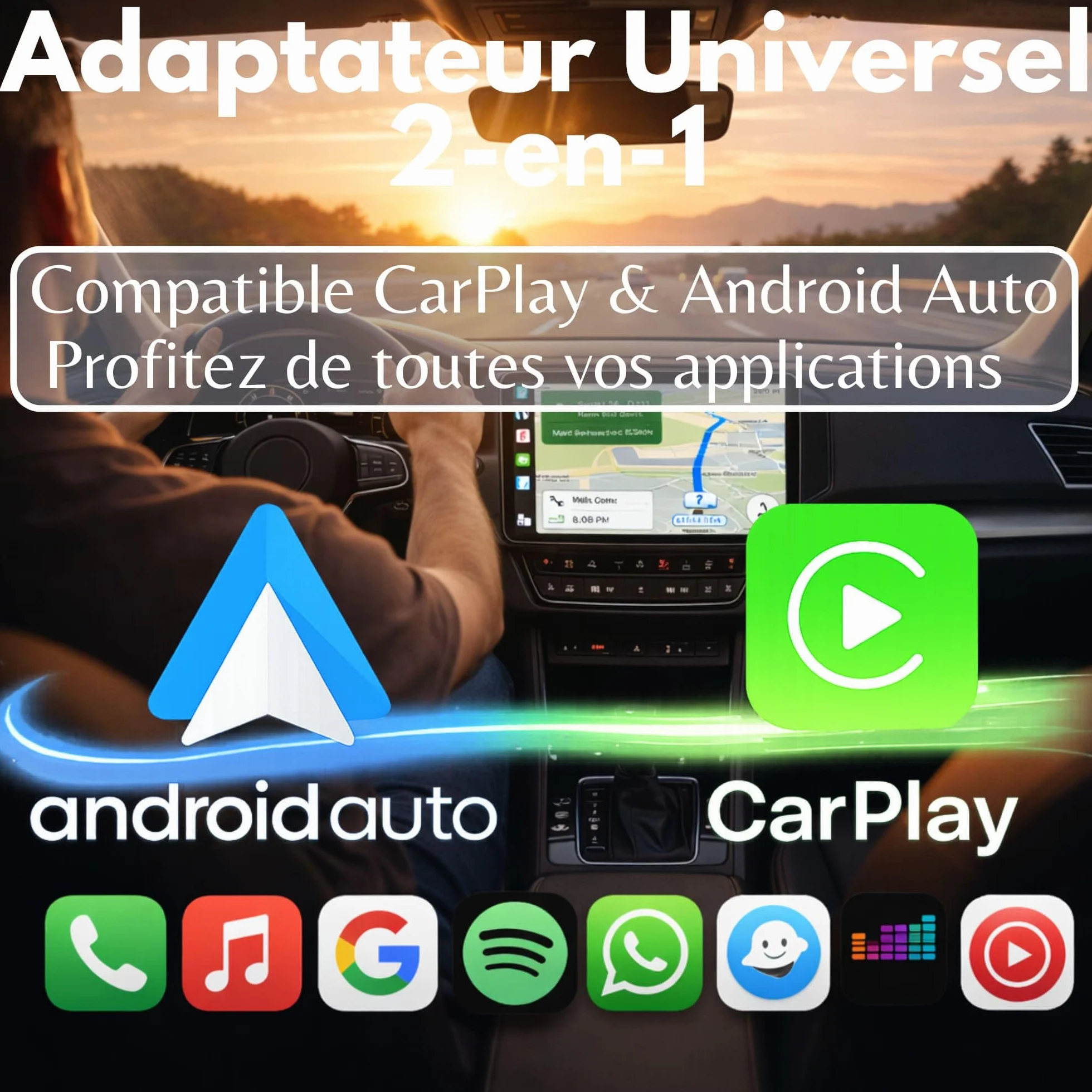 Adaptateur CarPlay Android Auto sans Fil C-Pro USB-A Dongle 2-en-1 Mémoire Double Boîtier Zinc Anti-surchauffe