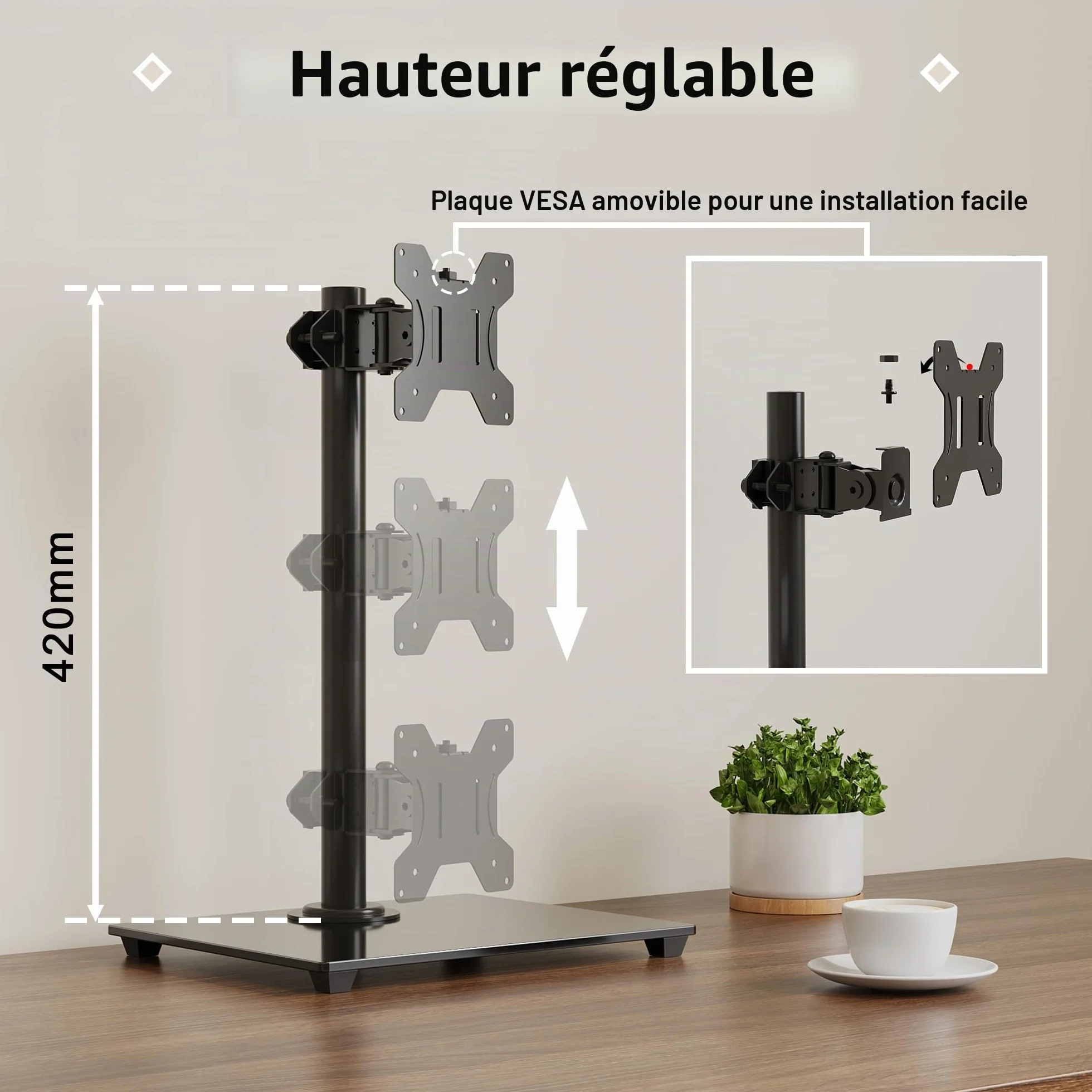 BONTEC Support Écran 13-32 Pouces, Bras Réglable Moniteur Plat/Incurvé, Socle Verre Trempé, Inclinaison ±75°, Pivotement ±80°, Rotation 360°, Max 10kg, VESA 75/100mm