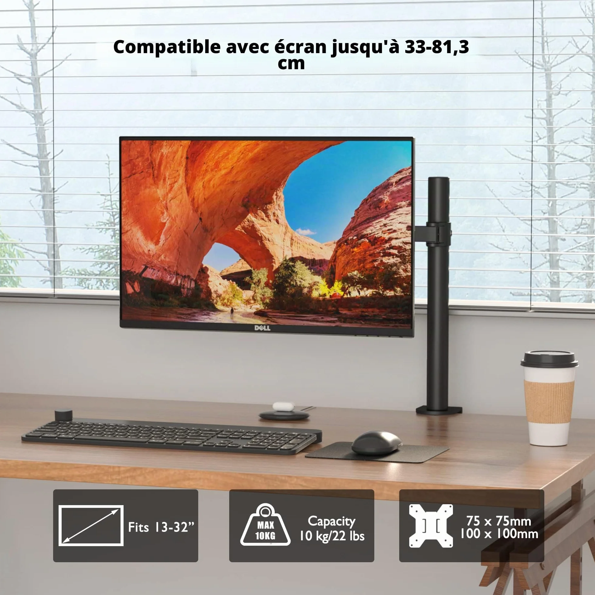 BONTEC Support Ecran PC 13-32 Pouces, Capacité 10 kg, VESA 75x75-100x100 mm, Réglable Hauteur Inclinable Pivotant