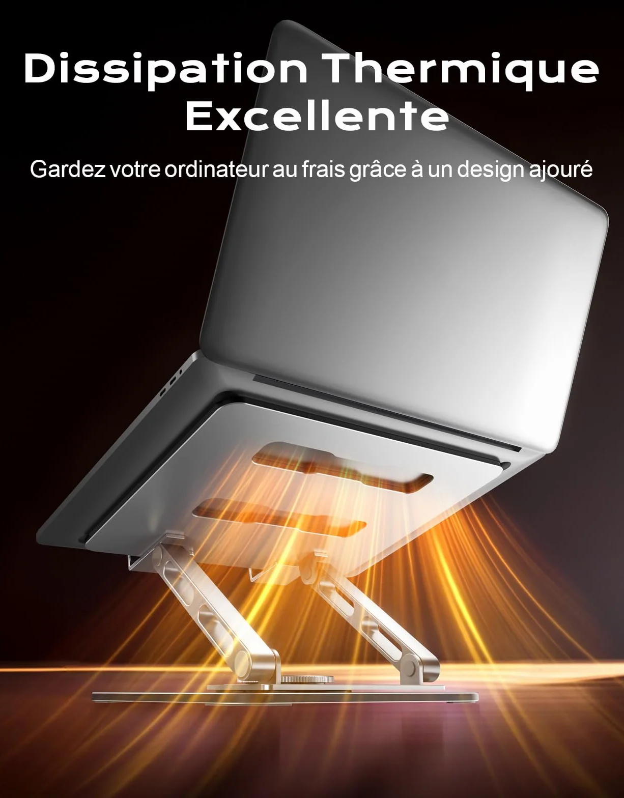 Support Ordinateur Portable Pivotant 360° Double Barres Réglables Ergonomique Refroidisseur Laptop Stand Silicone Antidérapant Compatible MacBook Air Pro 10"-16"