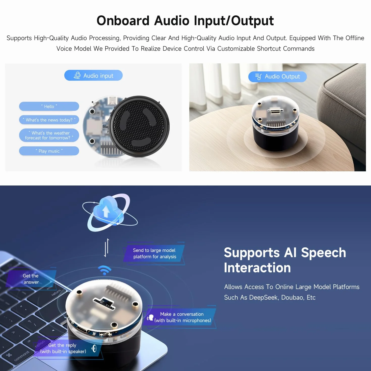 Waveshare ESP32-S3 AI Smart Speaker Development Board, Dual Microphones, Noise Reduction, RGB Lighting