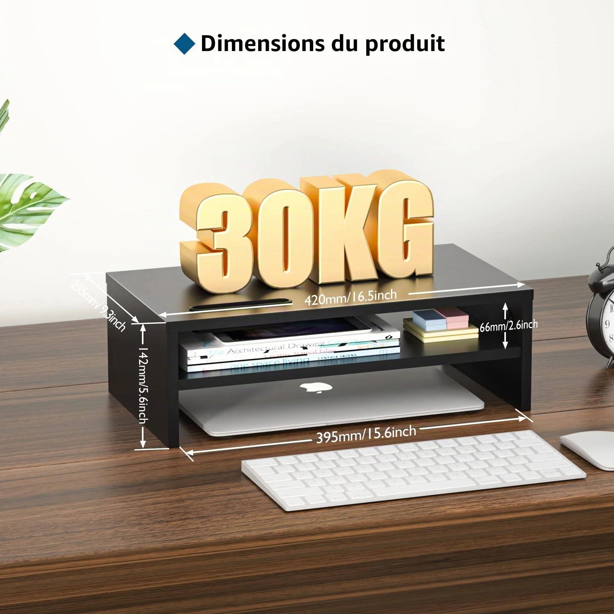 BONTEC Support Ordinateur en Bois Noir 2 Niveaux avec Gestion des Cables et Fente pour Telephone