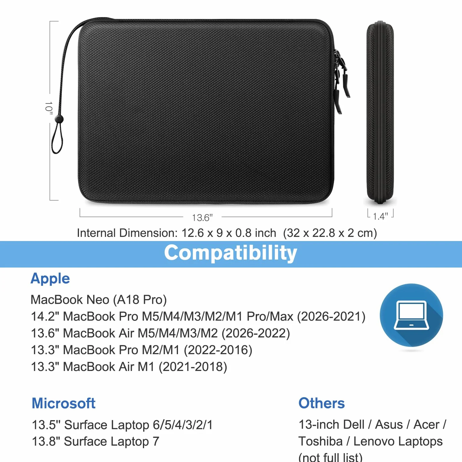 FINPAC Housse pour 13" MacBook Neo A18 Pro 2026, 13,6" MacBook Air M5 2026, 14" MacBook Pro M5/M4/M3/M2/M1 2026-2021, Antichoc Sleeve 13 pouces
