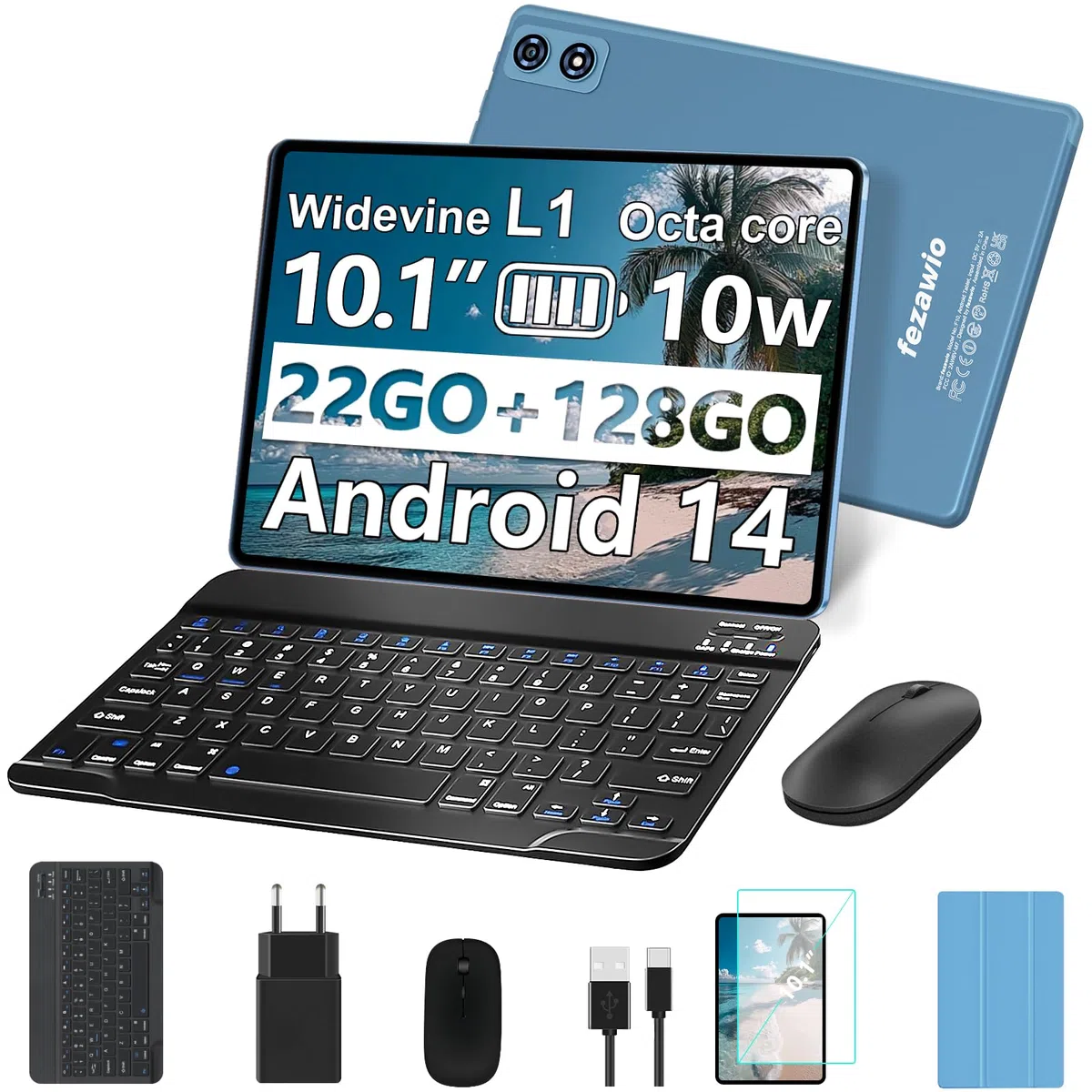 fezawio Tablette Tactile 10 Pouces Android 14, 22Go RAM+128Go ROM(Extensible 1To)|5MP+8MP|5G Wi-FI|Certifié Widevine L1|Processeur Octa-Core|8000mAh|Clavier+Souris+Coque de Protection Inclus (Bleu)