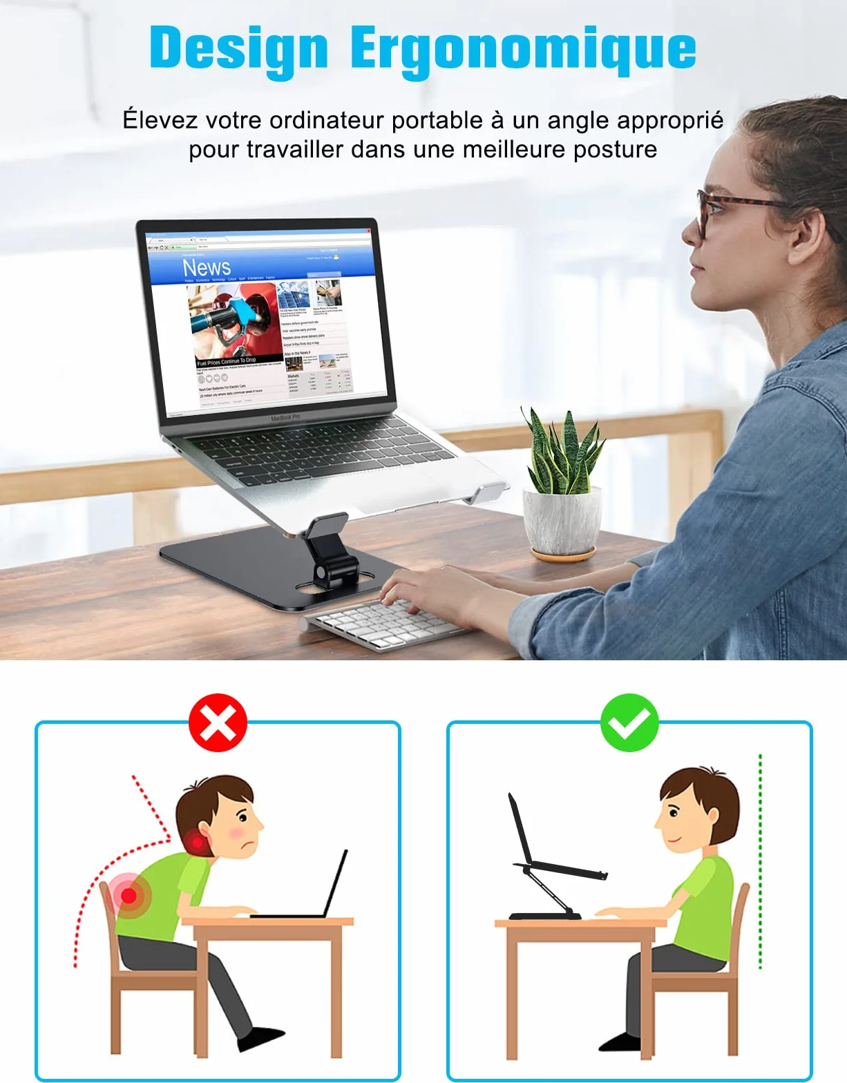Support Ordinateur Portable Réglable Aluminium Ventilé Pliable Compatible MacBook Air Pro Tablettes 10-16 Pouces