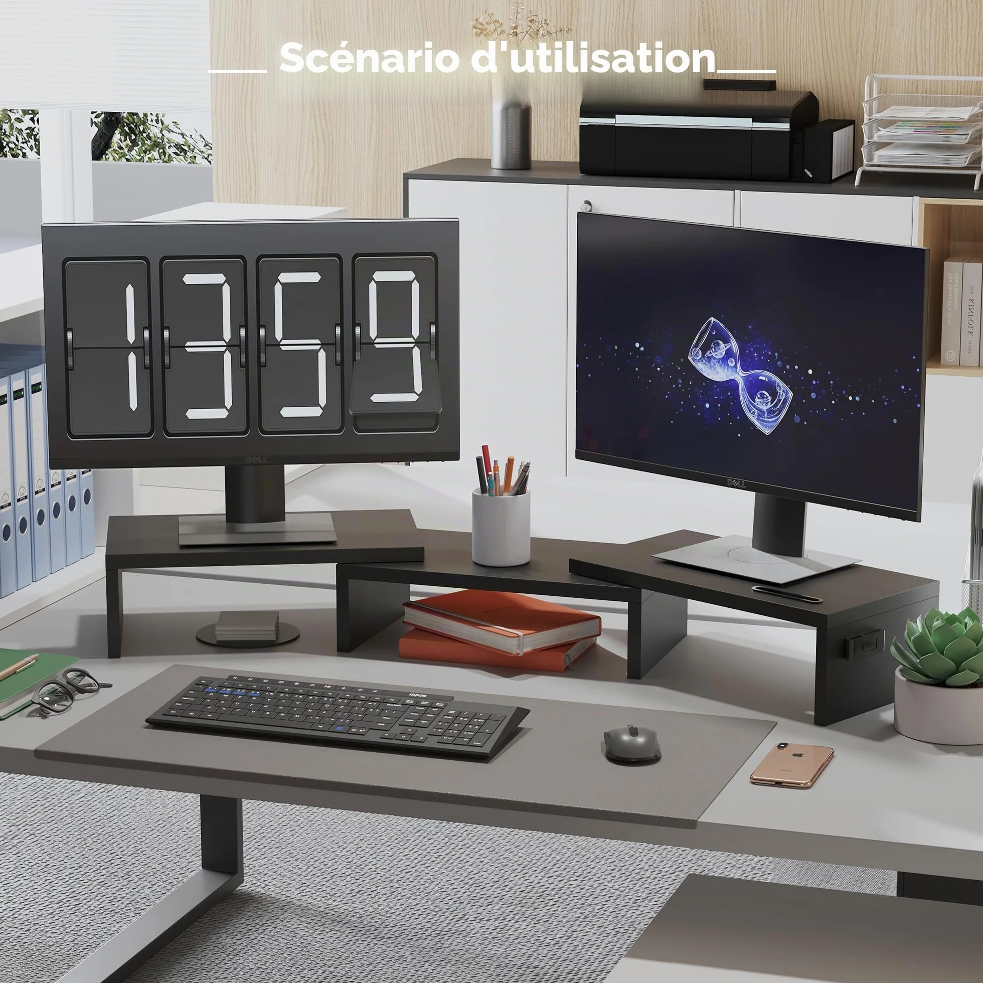 BONTEC Support Moniteur Double Réglable en Bois Noir