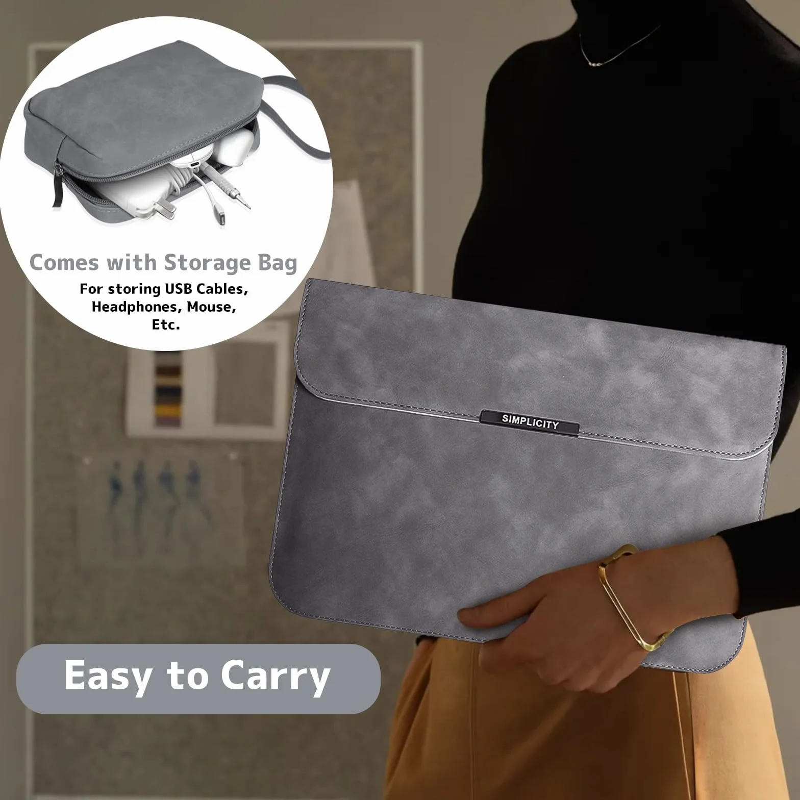 Housse pour Laptop avec Stand 13-14 Pouces PU Cuir pour MacBook Pro 13" 14" M5/M4/M3/M2/M1 Pro/Max, MacBook Air 13" 13,6" M5/M4/M3/M2/M1 - Gris
