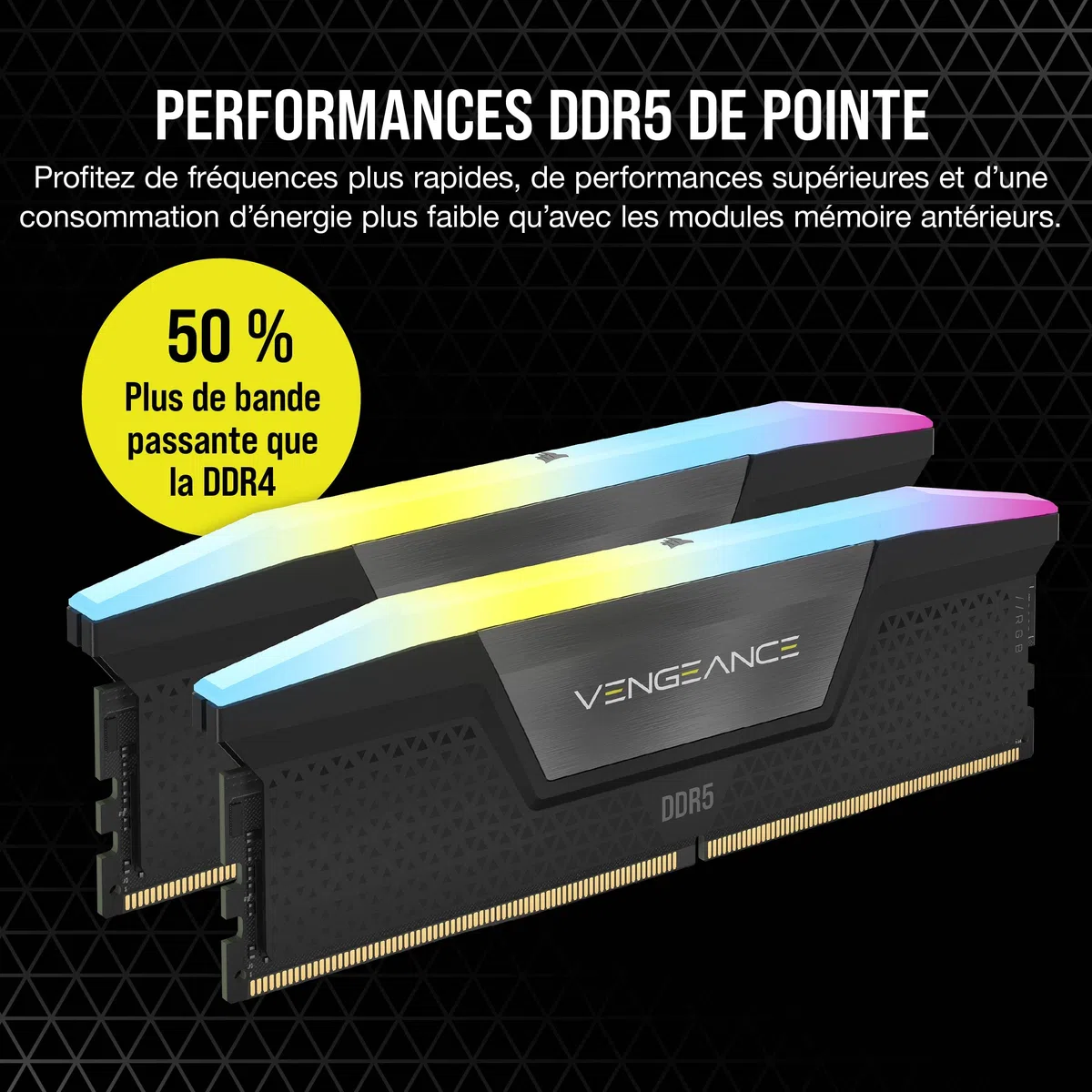 CORSAIR Vengeance RGB DDR5 RAM 32Go (2x16Go) Jusqu'à 6000MHz CL36 Intel XMP 3.0 Mémoire pour Ordinateur de Bureau - Noir (CMH32GX5M2E6000C36)