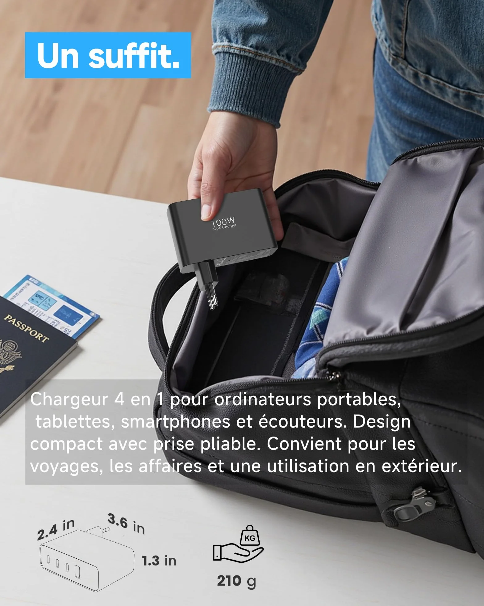 Chargeur USB C 100W GaN 4 Ports Rapide Multiport Noir Compatible iPhone 16 15 Pro Max MacBook Air Pro iPad Air Galaxy S25 S24