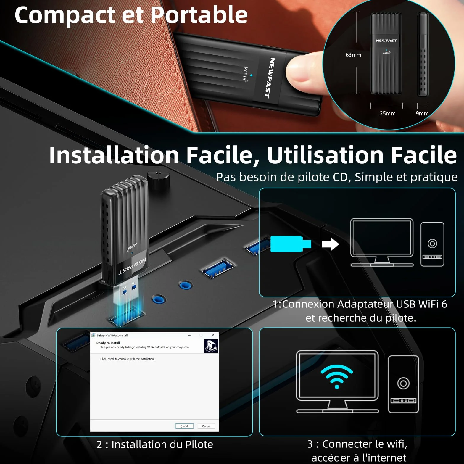 NEWFAST Clé WiFi 6 AX3000 Adaptateur USB 3.0 Double Bande MU-MIMO WPA3 OFDMA 5GHz Dongle WiFi pour PC Windows 11/10
