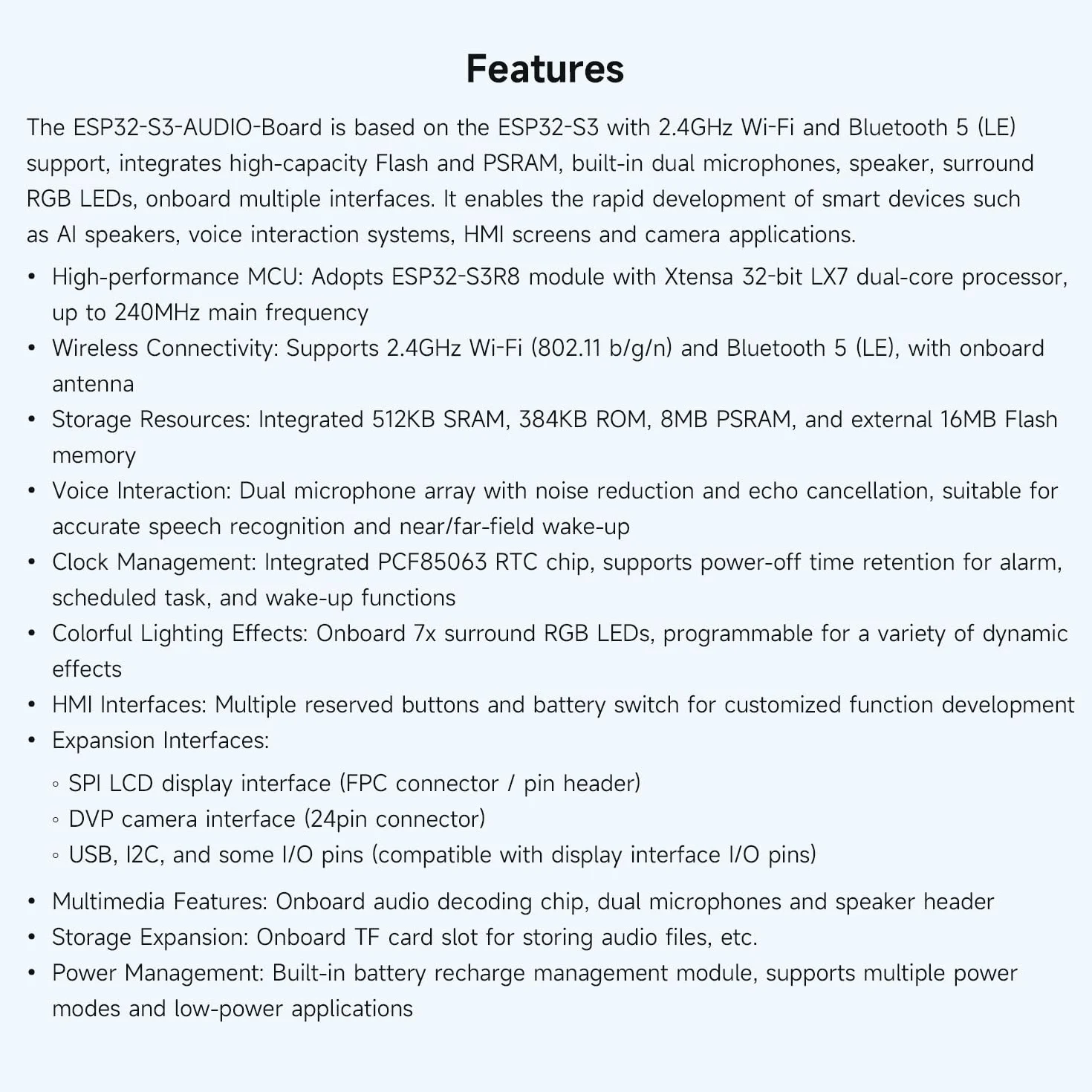 Waveshare ESP32-S3 AI Smart Speaker Development Board, Dual Microphones, Noise Reduction, RGB Lighting