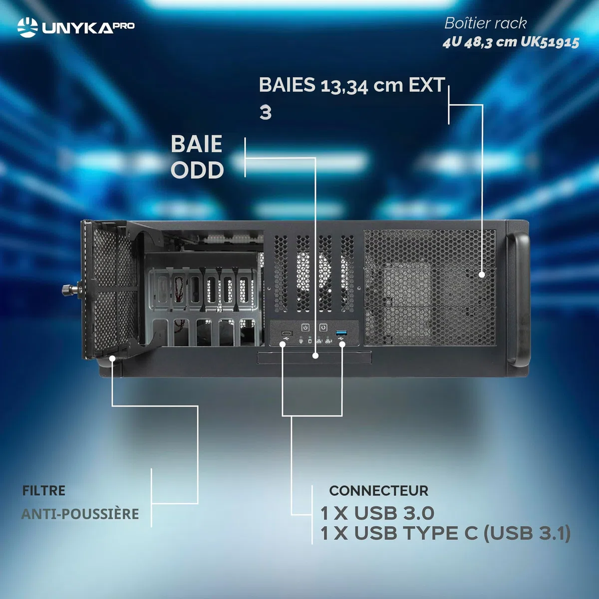 UNYKAch Boîtier Rack 4U 19″ UK 4329 USB Type C