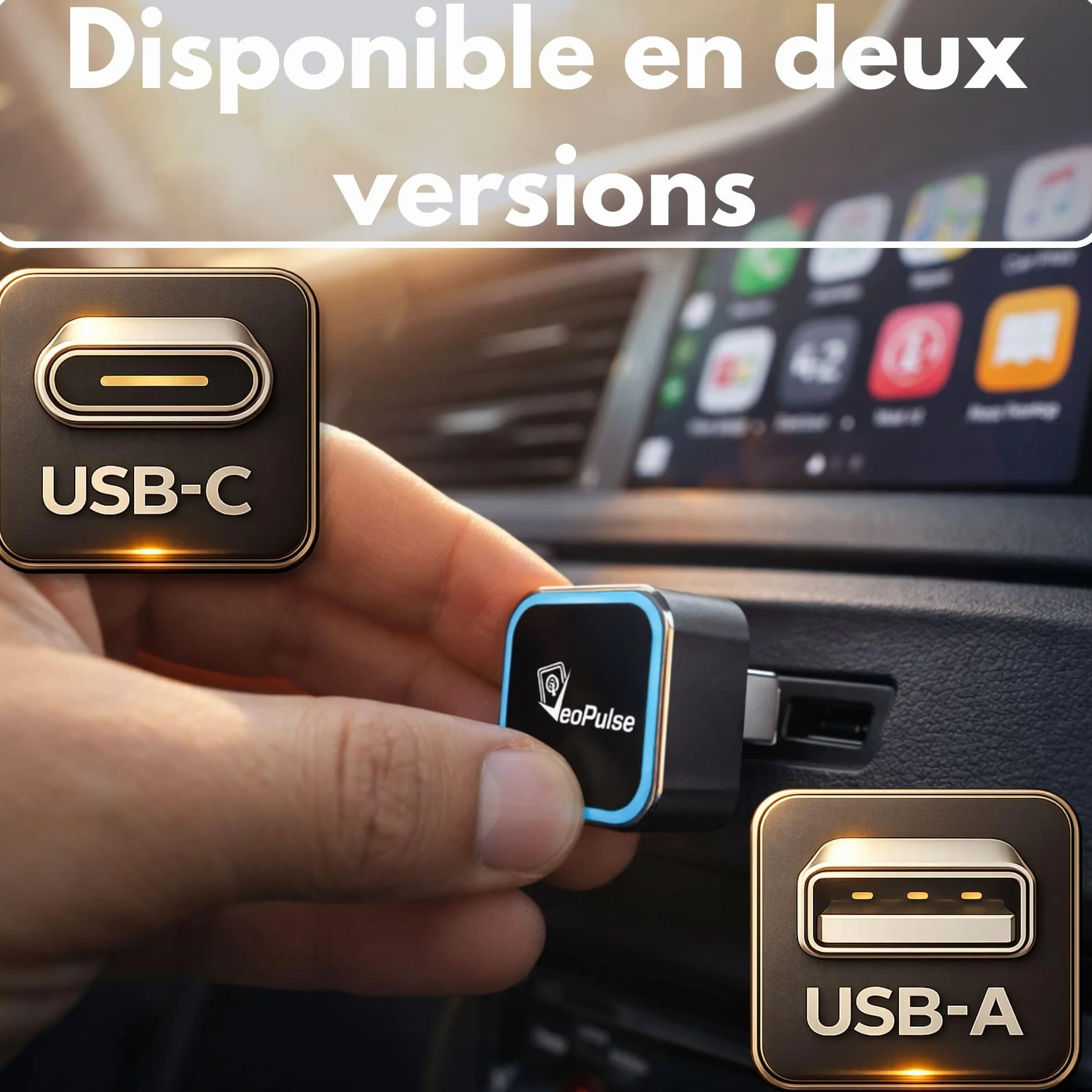 Adaptateur CarPlay Android Auto sans Fil C-Pro USB-A Dongle 2-en-1 Mémoire Double Boîtier Zinc Anti-surchauffe