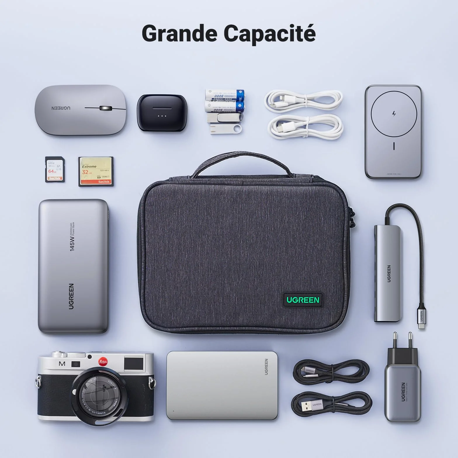 UGREEN Sac Câble Multifonctionnel Rangement Électronique Pochette Protection Voyage 2 Couches