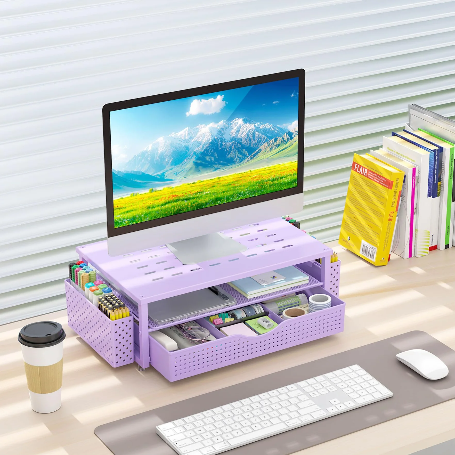 Gianotter Support de Moniteur avec Tiroir et Porte-stylos, Organisateur de Bureau Violet