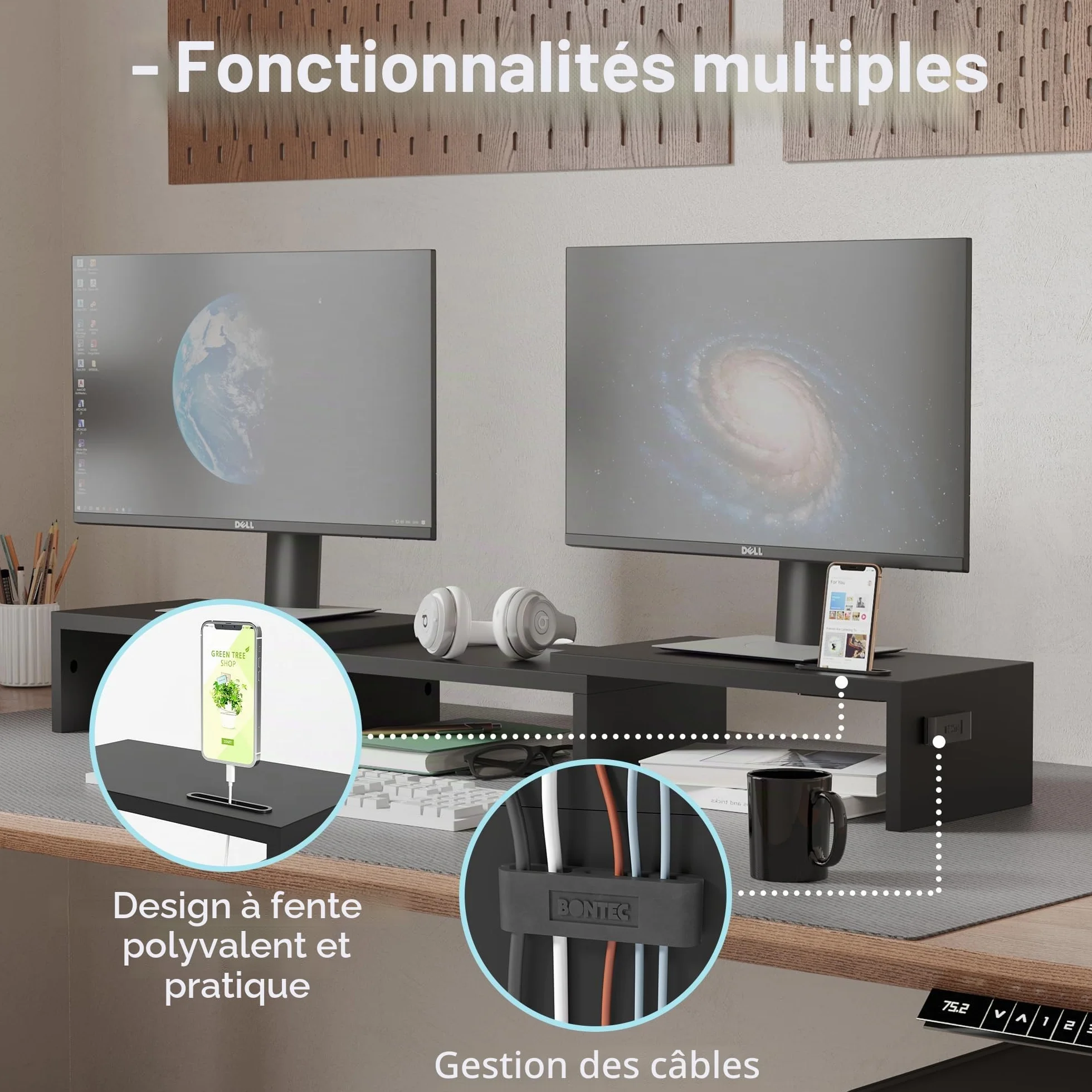 BONTEC Support Moniteur Double Réglable en Bois Noir