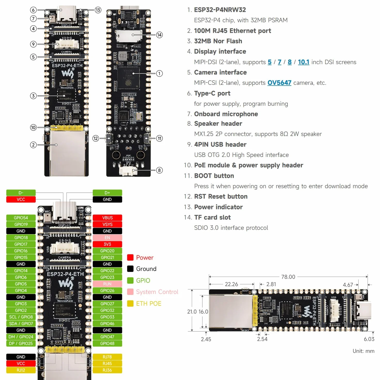 Waveshare ESP32-P4-ETH Development Board, ESP32-P4, 100 Mbps RJ45 Ethernet, PoE Module, 3 Items