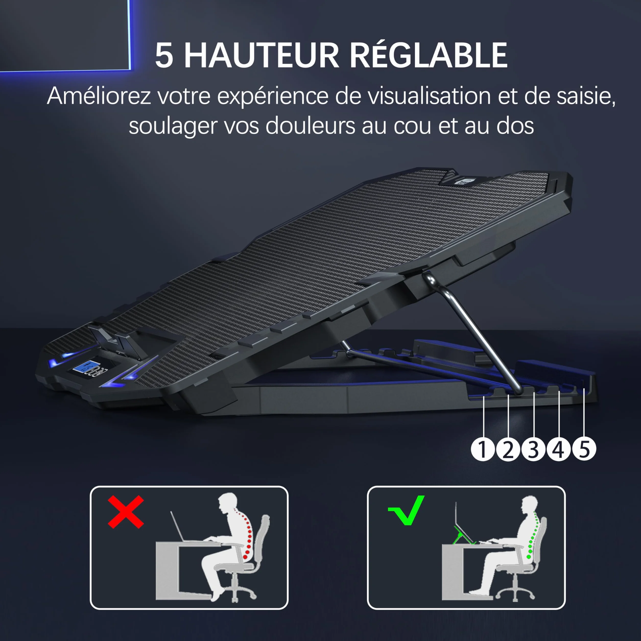 TopMate C5 Base de Refroidissement PC Portable Gamer 10-15,6 Pouces, 5 Ventilateurs Silencieux, LED Bleue, Contrôleur LCD