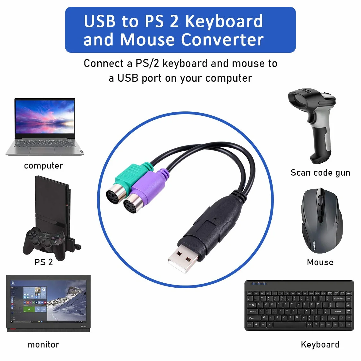UCEC USB Mâle A vers PS/2 Femelle Câble Adaptateur Convertisseur pour Souris Clavier