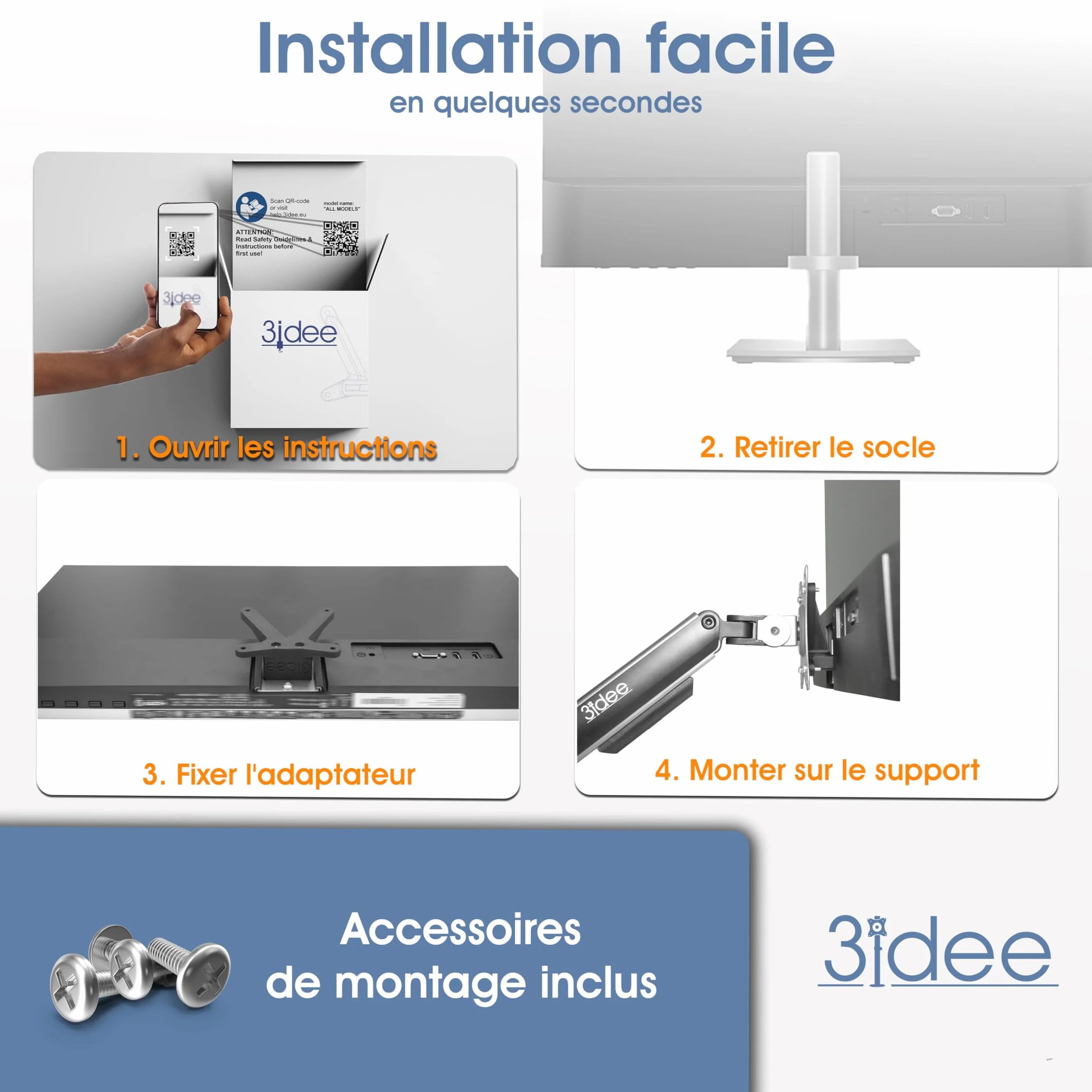 3IDEE Adaptateur VESA Compatible HP M24h M27h 524sh 527sh Support 75x75 pour Montage Mural