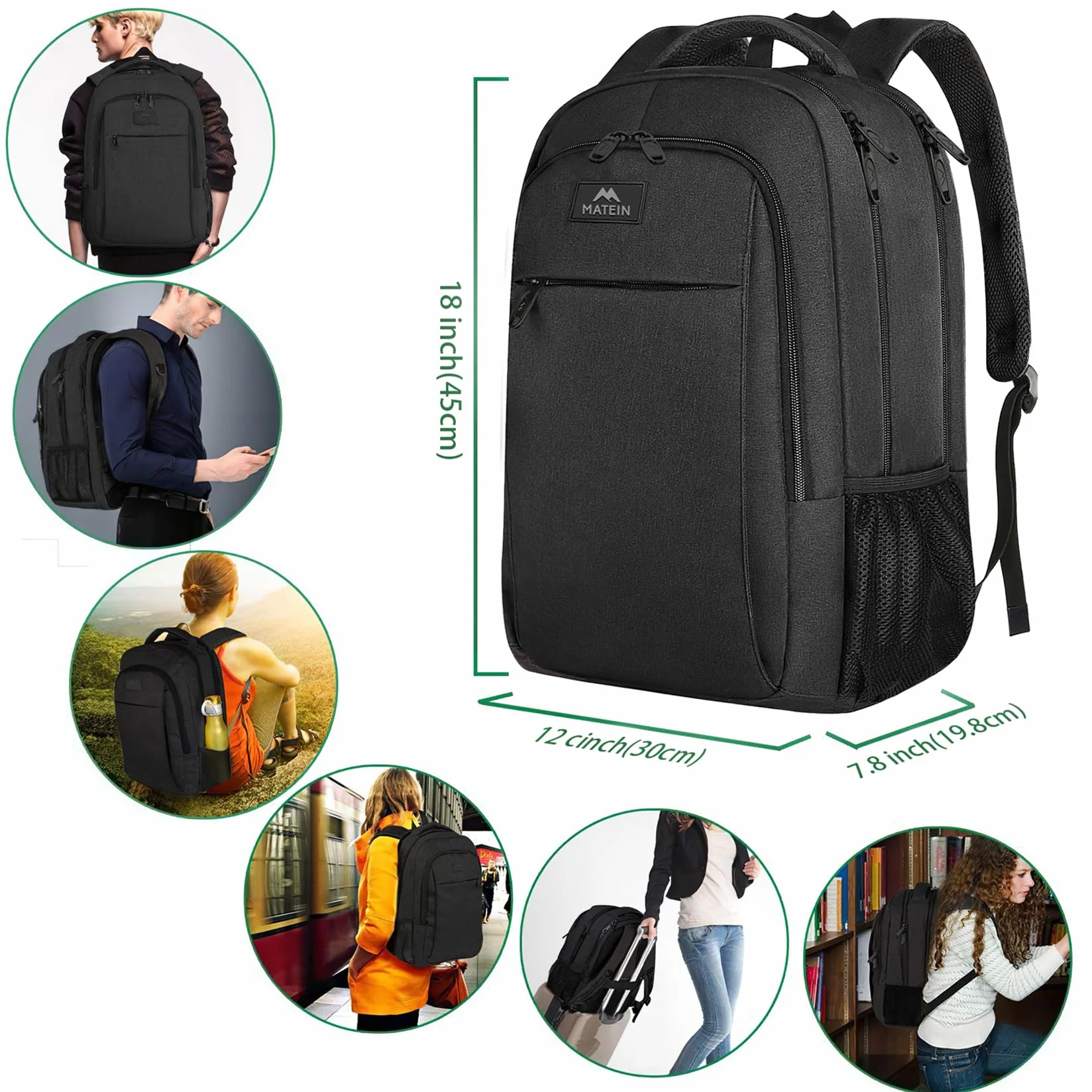MATEIN Sac à Dos Ordinateur Portable 15.6 Pouces, Imperméable Antivol pour Travail Collège, Noir