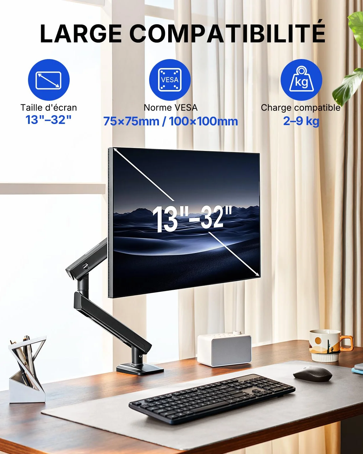 HUANUO Support Ecran PC Bras MechaSpring 13-32" VESA 9 kg Montage Pince C